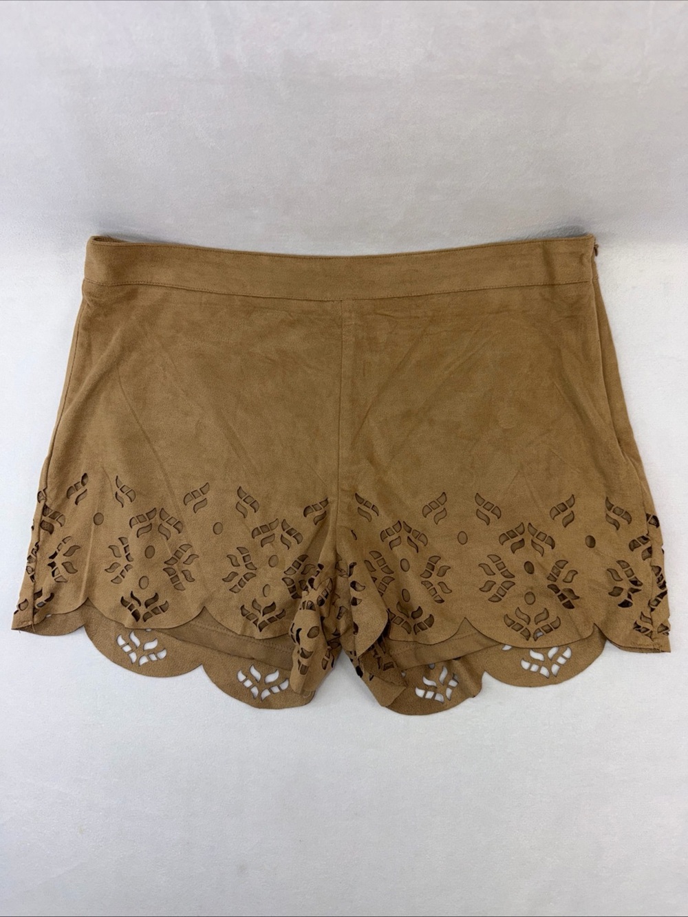 Stella Luce Brown Scalloped Laser-Cut High Waist Side Zip Shorts